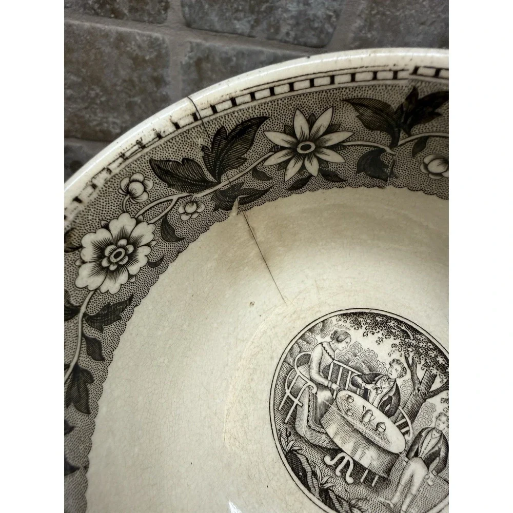 1860's Antique Villeroy & Boch Brown White Transfer Ware Slop Basin Bowl 2 Piece